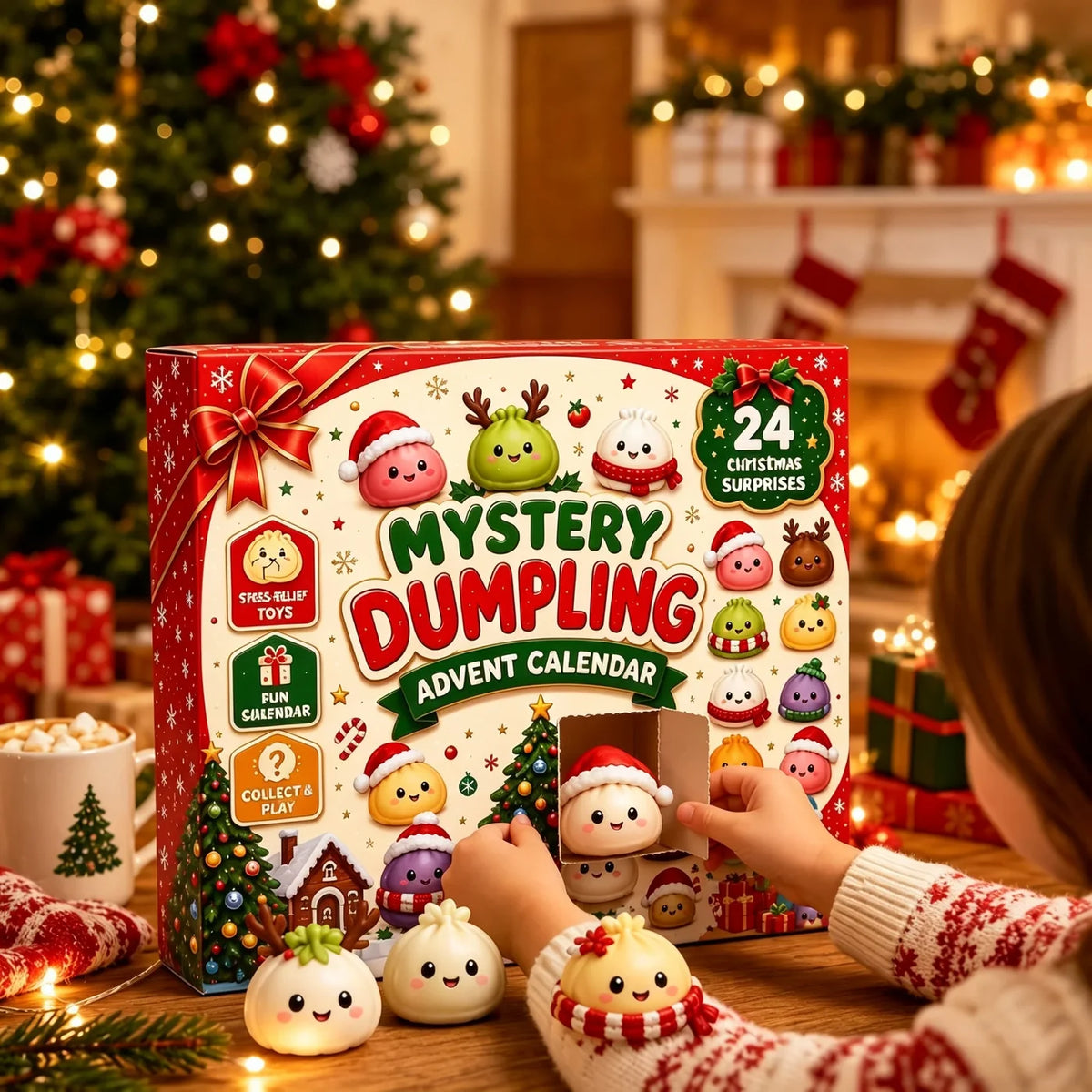Mystery Dumpling Advent Calendar displayed beside a Christmas tree