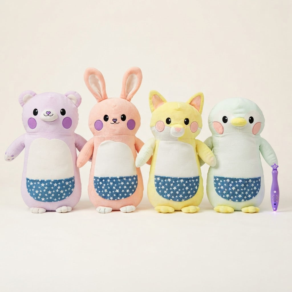 All four Glowpals standing side by side with the star light pen