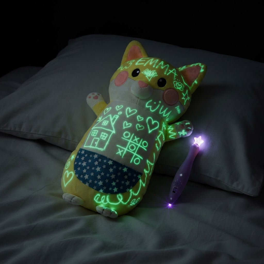 Kitty plush covered in glowing doodles in a dark bedroom